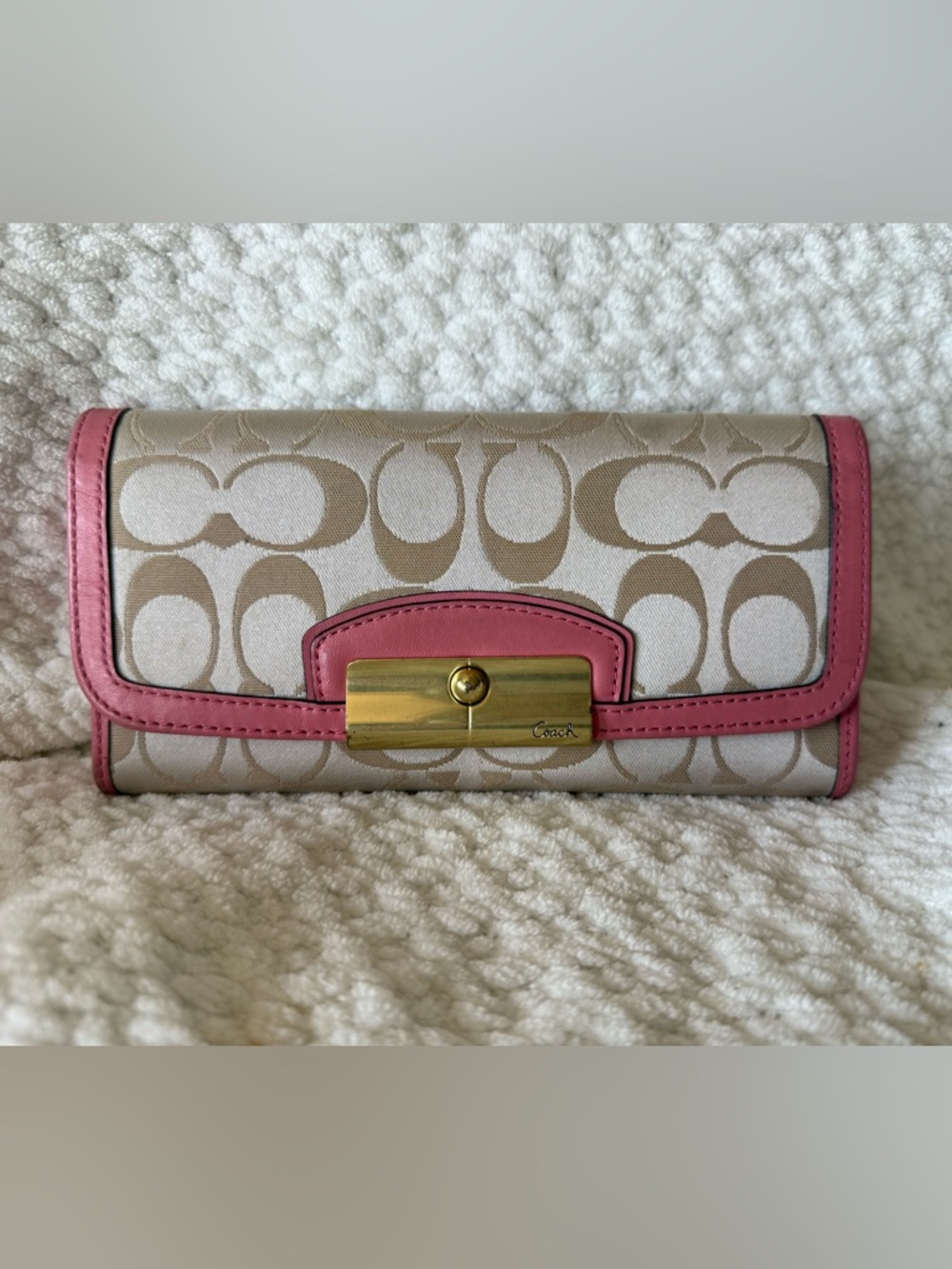 Coach Signature Beige and Pink Continental Wallet